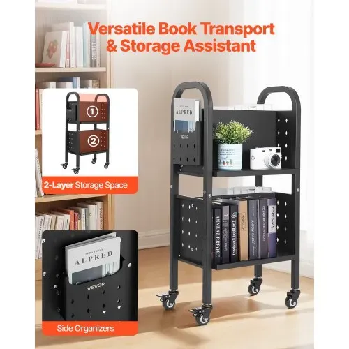 VEVOR Bücherwagen, 70 kg Tragkraft, Bibliothekswagen, 45 x 33 x 88 cm, Doppelseitiges L-förmiges Bücherregal mit Doppelbremsrollen, Bücherregalwagen für Wohnzimmer, Büro, Schule, Schwarz VEVOR Bücherwagen, 70 kg Tragkraft, Bibliothekswagen, 45 x 33 x 88 cm, Doppelseitiges L-förmiges Bücherregal mit Doppelbremsrollen, Bücherregalwagen für Wohnzimmer, Büro, Schule, Schwarz