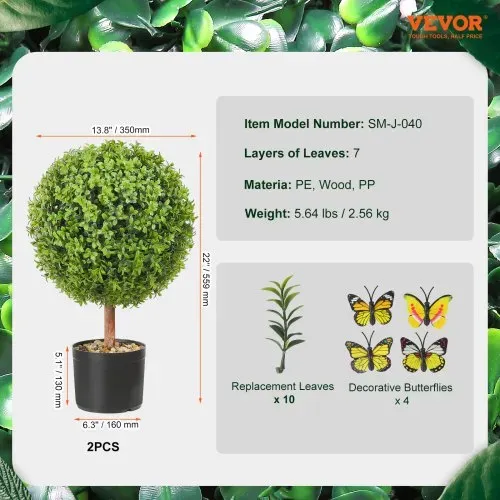 VEVOR 2x Buchsbaumkugel Künstlich 559mm Garten Deko Buchsbaum im Blumentopf Kugel künstlich Buchskugel Kunstpflanze aus PE, Holz, PP inkl. 4 Stk. Dekorative Schmetterlinge und 10 Stk. Ersatzblätter – Bild 6