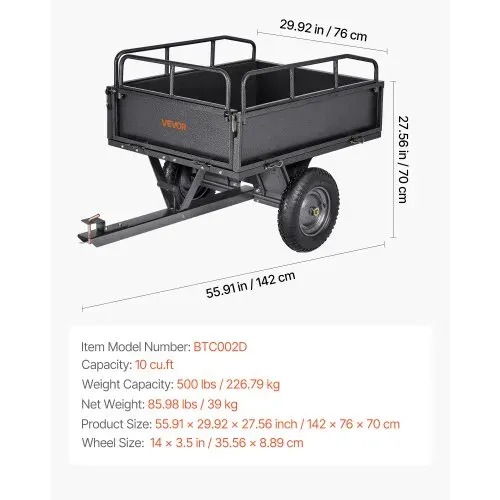 VEVOR Kippanhänger, 226,79 kg Fassungsvermögen, ATV-UTV-Transportanhänger 142x76x70 cm, Kippwagen mit 35,56 cm Reifen, Handzug oder Fußpedal, Hofanhänger für Rasenmähertraktoren – Bild 6