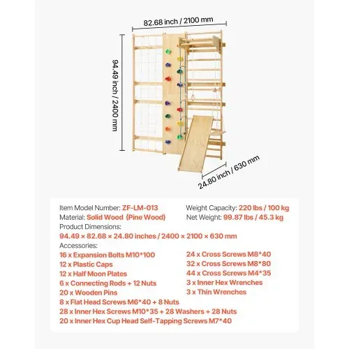VEVOR schwedische Leiterwand 9 in 1 12-stufiges Kletterspielzeug aus Massivholz 100 kg belastbares Indoor-Klettergerüst mit Kletterwand Turnringen Klimmzugstange Rutsche Schaukel – Bild 6