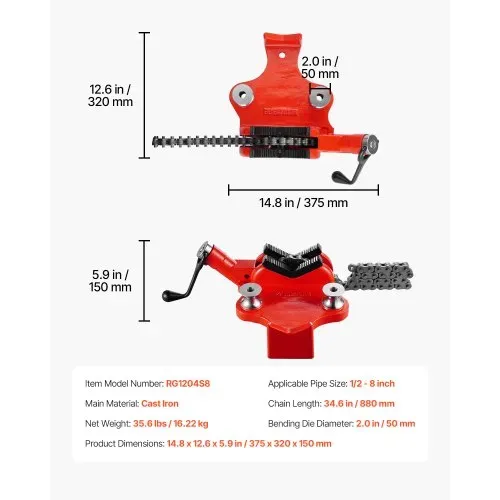 VEVOR Kettenrohrschraubstock, Rohrkapazität 12,7-203,2 mm, robuste 880 mm lange Kette & Gusseisenbasis, Rohrklemmung in Industriequalität für Sanitärinstallationen, Autoreparaturen, Metallverarbeitung – Bild 6