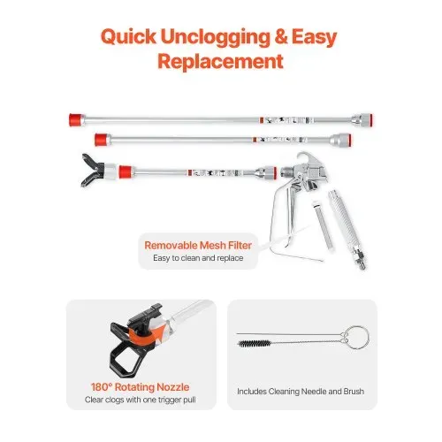 VEVOR Airless Farbspritzpistole und Schlauch Set, 3600 PSI Farbspritzschlauch-Set mit 5 Spitzen, 211, 315, 417, 517, 623, Airless-Spritzpistolen-Set mit Filtern, Schlauch und Verlängerungsstangen – Bild 4