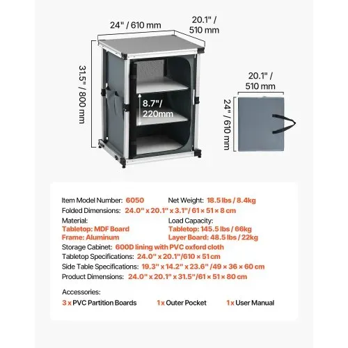 VEVOR Klappbare Campingküche, Tragbarer Campingschrank mit 3 Ablagefächern, Außentasche & MDF-Tischplatte bis 30 kg Tragkraft, Küchenstation für Picknick, Grillen, Partys, Camping & Wohnmobilreisen – Bild 6