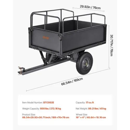 VEVOR Kippanhänger, 272 kg Fassungsvermögen, ATV-UTV-Transportanhänger, Kippwagen zum Hinterherziehen mit 40,64 cm Reifen, Handzug oder Fußpedal, Hofanhänger für Rasenmähertraktoren – Bild 6