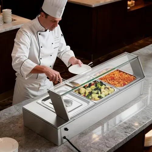 VEVOR kommerzieller Speisenwärmer mit Glasabdeckung & 3 Behälter (1/2-Größe) 1,5 kW Buffetwärmer Edelstahl, Buffetbehälter Buffet-Wasserbad Speisenwärmstation für Restaurants Partys Buffets – Bild 7