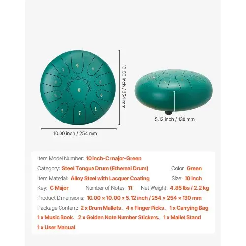 VEVOR Stahltrommel, Ø254 mm 11 Tönen, Regentrommel, C-Dur, mit Notenbuch & Schlägeln, Perkussionsinstrument für Meditation, Yoga & musikalische Anfängerausbildung, Steel Tongue Drum Grün – Bild 6