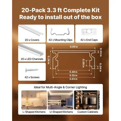 VEVOR LED Profil 20er-Pack 1 m, Eloxierte Aluminiumprofile mit Milchiger Abdeckung, Endkappen & Befestigungsclips, Kanäle, Diffusor für LED-Streifen, Ideal für Unterbau-Arbeitsplatten, U Form – Bild 3