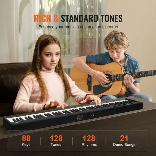 VEVOR 88-Tasten-Klappklavier, Bluetooth und MIDI, tragbares elektronisches digitales Klappklavier mit Sustain-Pedaltasche, berührungsempfindlichen Tasten, Kopfhörern, wiederaufladbar für Anfänger, Jugendliche und Erwachsene, Schwarz – Bild 2