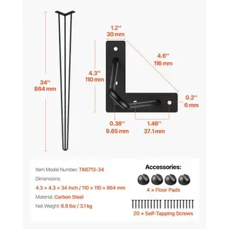 VEVOR Tischbein Metall 86,3 cm Tischgestell Metall Schwarz 4 Stück Haarnadel Tischbeine 3 Pfosten Haarnadel Bein Kohlenstoffstahl mit 4 VEVOR Tischbein Metall 86,3 cm Tischgestell Metall Schwarz 4 Stück Haarnadel Tischbeine 3 Pfosten Haarnadel Bein Kohlenstoffstahl mit 4