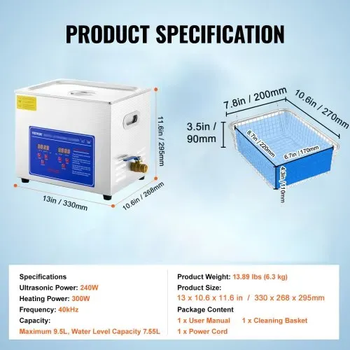 VEVOR Professioneller Ultraschallreiniger, 10 L Ultraschall-Schmuckreiniger mit digitalem Timer und Heizung, Edelstahl-Industrie-Schallreiniger 40 kHz für Brillen, Uhren, Ringe, Kleinteile – Bild 6