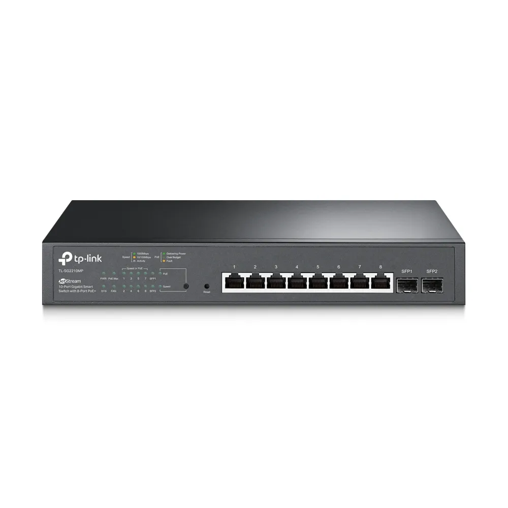 Omada 8-Port 2.5GBASE-T and 2-Port 10GE SFP+ Smart Switch with 8-Port PoE+PORT: 8× 2.5G PoE+ Ports, 2× 10G SFP+ SlotsSPEC: 802.3at/af, 160 W Omada 8-Port 2.5GBASE-T and 2-Port 10GE SFP+ Smart Switch with 8-Port PoE+PORT: 8× 2.5G PoE+ Ports, 2× 10G SFP+ SlotsSPEC: 802.3at/af, 160 W