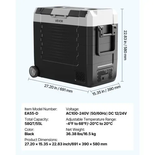 VEVOR Kompressor Kühlbox 12/24 V DC 100–240 V AC, Autokühlschrank 55 L mit App-Steuerung & Rädern & 2 Temperaturzonen (-20 °C bis 20 °C), Tragbarer Kühlschrank für Wohnmobile Boote Camping Angeln – Bild 6