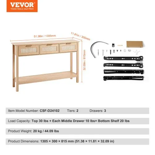 VEVOR Rattan-Konsolentisch mit 3 Schubladen, Rattan-Eingangstisch mit natürlicher Rattan-Schiebetür, Konsolen-Sofatisch für Wohnzimmer, Arbeitszimmer, Eingangsbereich oder Fernsehwand, Natur – Bild 6