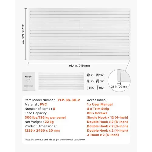 VEVOR Werkzeugwand 1225x2450x20mm, PVC-Garagen-Lamellenwand mit Zubehör, 136 kg, weißer Wandorganizer, Lamellenwandpaneel mit Verbindungsstruktur & DIY-Zuschnitt, geeignet für Lagerung & Präsentation – Bild 6