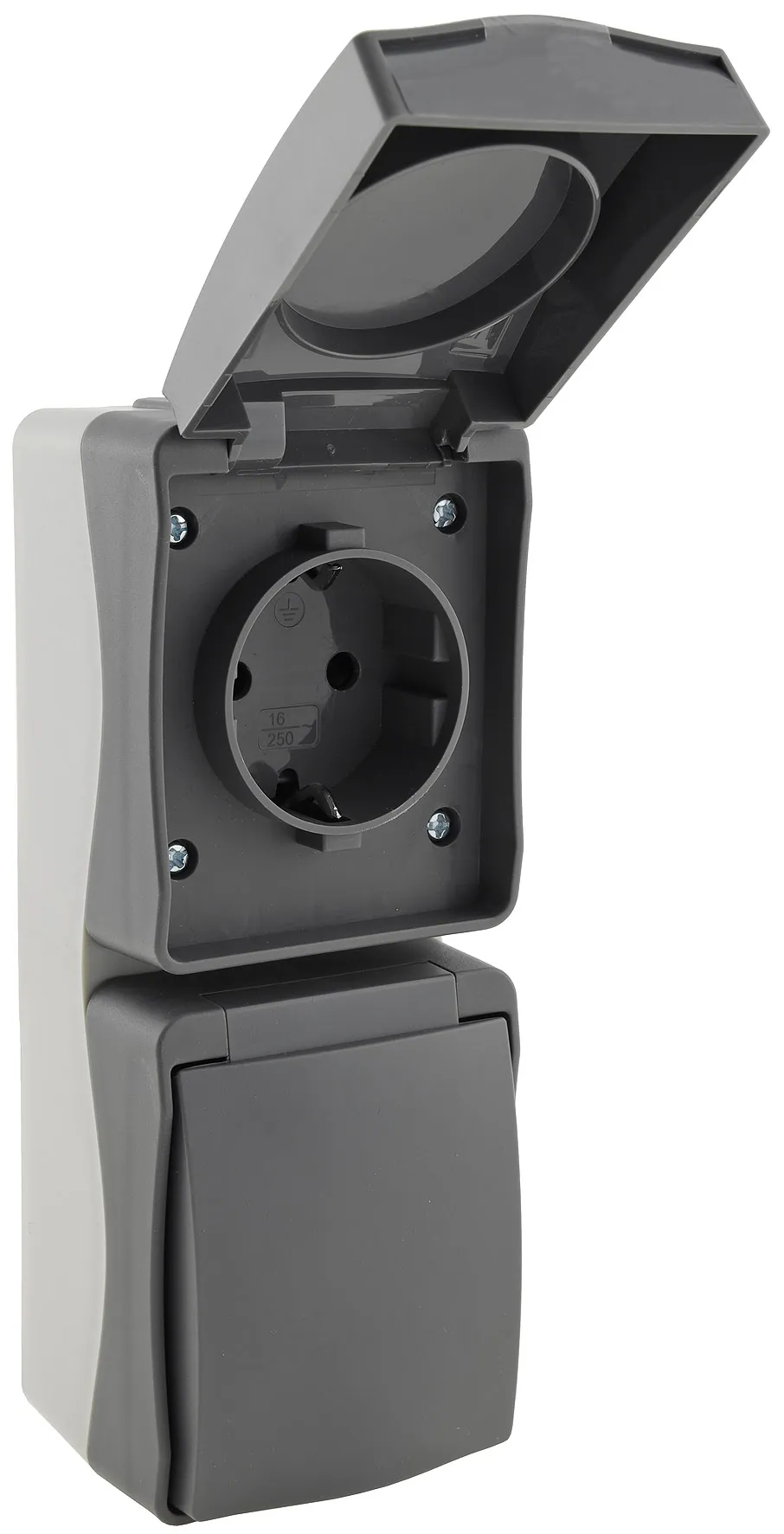 NUQUI Feuchtraum Doppel-Steckdose verti. IP54, Aufputz, 250V~/ 16A NUQUI Feuchtraum Doppel-Steckdose verti. IP54, Aufputz, 250V~/ 16A