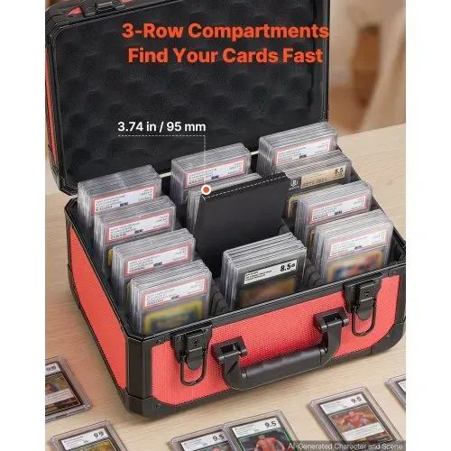 VEVOR Kartenaufbewahrungsbox für 96 PSA-Slab-Karten Karten-Sammelbox Rot, Geeignet für 76 SGC, 68 BGS, 347 Toploader oder über 999 Lose Karten, mit 3 Reihen, Tragegriff, 12 Trennfächern & Schlüsseln – Bild 5