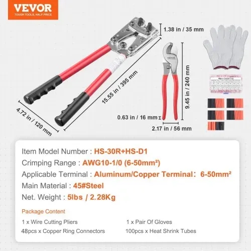 VEVOR Crimpzange Kabelschuhzange 6-50 mm², Batteriekabel-Crimpzange Batterieklemmen-Crimper, Crimpwerkzeug mit 6 Größen & 48 Kupferringverbinder, Kupferringklemmen-Crimpzange Kabelschneider – Bild 6