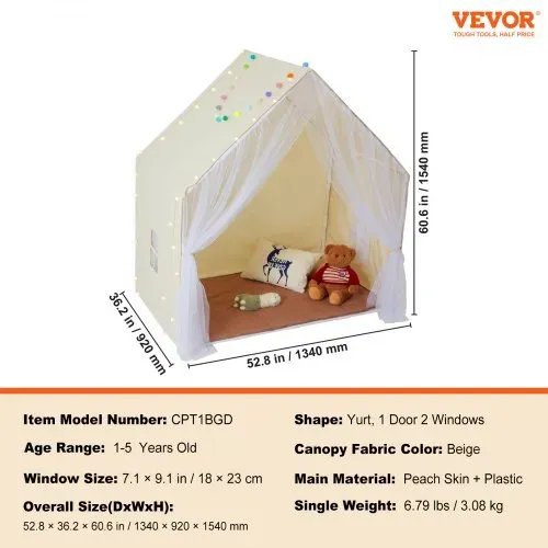 VEVOR Kinderspielzelt, Kinderzelt für Kinder von 1–5 Jahren, Kleinkinderzelt mit Matte und Zeltlampe, Zelt für Kinder mit Fenstern für drinnen und draußen, Jurtenzelt Beige 1 Tür 2 Fenster – Bild 6
