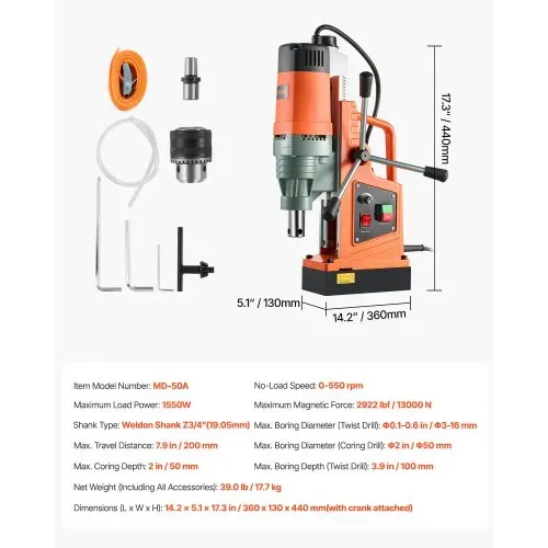 VEVOR Magnetbohrmaschine, 1550-W-Motor, Magnetbohrer 50 mm Kernbohrdurchmesser, 13000 N Magnetkraft, Drehzahlregelung 0–550 U/min, Kernbohrmaschine für Metalloberflächen, Heimwerkerbedarf – Bild 6