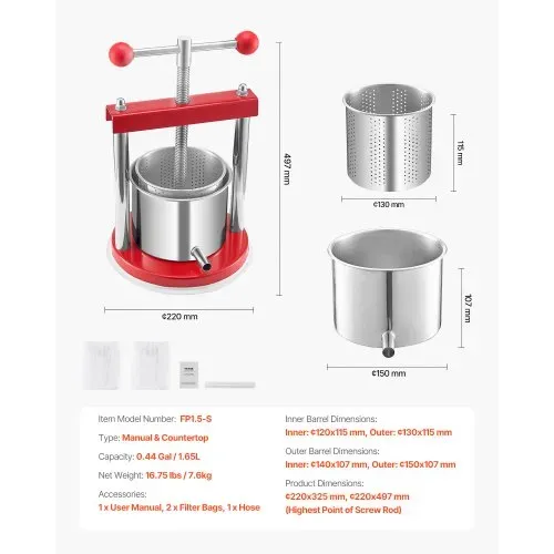 VEVOR Obstweinpresse Obstmühle Apfelmühle (1,65 L) mit 2 Edelstahlfässer, manueller Entsafter, Apfelweinpresse Saftpresse Apfelpresse Traubenpresse Olivenölpresse mit T-Griff für Küche – Bild 6