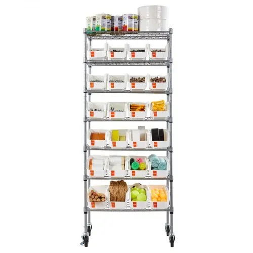 VEVOR Standregal, Lagerregal mit 7 Ebenen & 24 kleinen Stapelboxen, Bücherregal, Küchenregal mit Rollen, Werkzeugorganizer für Garage, Büro, Restaurant, Klassenzimmer, Küche, 600x350x1480mm – Bild 9