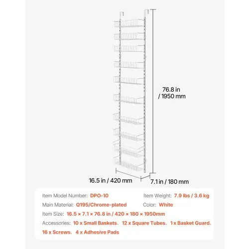 VEVOR Vorratsschrank Speisekammer-Organizer Aufbewahrung über der Tür, 10-stufige Gewürzregale zum Aufhängen aus Stahl, verstellbare Lagerregale für die Wand, für Zuhause Küche Badezimmer, Weiß – Bild 6