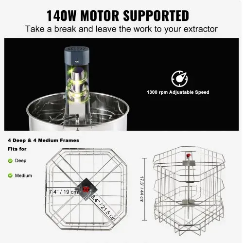 VEVOR Honigschleuder Elektrisch 140W Tangentialschleuder Edelstahl 4/8 Rähmchen Honigextractor 45mm Honigventil 1300U/min Elektro Honigschleuder 48x16/23cm Wabengröße Imkerei Bienenzüchter Zubehör – Bild 2