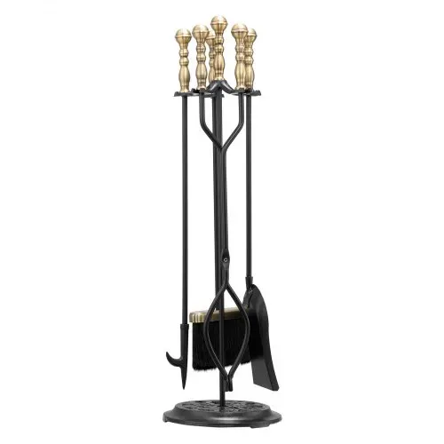VEVOR Kaminbesteck-Set, 5-teiliges Ofenbesteck-Set, fünfzackiger Ständer, Zange, Ascheschaufel, Bürste, Schürhaken, Kaminzubehör aus Schmiedeeisen für drinnen und draußen, Schwarz und Messing – Bild 10