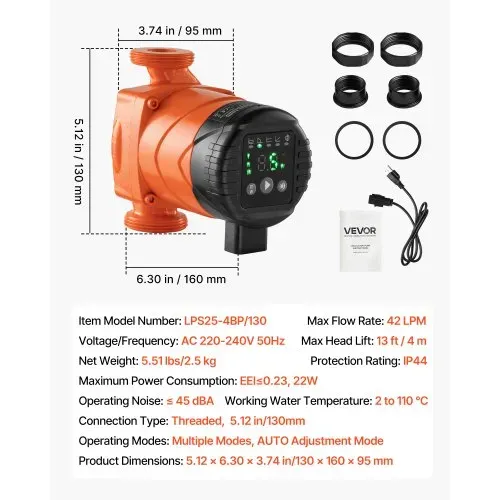 VEVOR LPS25-4BP/130 Zirkulationspumpe, Umwälzpumpe aus Gusseisen, 42 LPM, 4 m maximale Förderhöhe, Warmwasser-Zirkulation, Gewindeanschluss, Rückschlagventil, leiser Betrieb, für Heizungsanlage zu Hause – Bild 6
