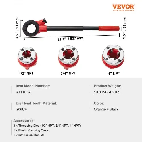 VEVOR Gewindeschneidkluppe Set, 1/2 Zoll NPT, 3/4 Zoll NPT, 1 Zoll NPT, Gewindeschneider, Rohrschneider Set mit 3 NPT-Matrizen, Aufbewahrungskoffer für verzinkte Aluminium-, Eisen- & Kupferrohre – Bild 6