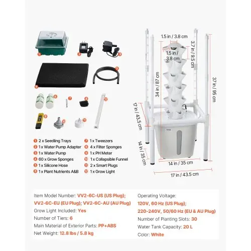 VEVOR Hydroponischer Turm 30 Pods, Hydrotower 6 Ebenen, Hydroponik-Anbausystem-Set mit LED-Pflanzenlampe, App-Steuerung, 20-L-Wassertank & Pumpe, Hydroponic Tower für Kräuter, Obst & Gemüse – Bild 6