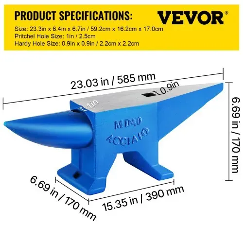 VEVOR Einzelhorn-Amboss Stahlamboss 39 kg, Schmiedestahlwerkzeuge Amboss mit rundem & quadratischem Loch, robuster Schmied, Juweliere, langlebiges & robustes Metallbearbeitungswerkzeug Blau – Bild 6