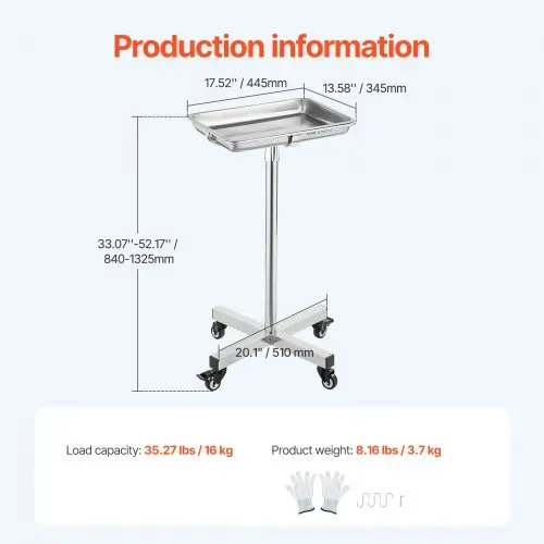 VEVOR Laborwagen Servierwagen Edelstahl mit abnehmbaren Tabletts aus Edelstahl Tragkraft bis 16 kg, einstellbare Höhe 64-101cm, medizinisches Tablett für Spa Salon Klinik Körperpflege Silber – Bild 6