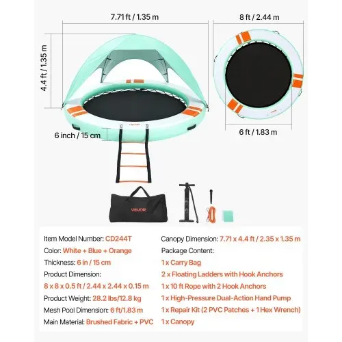 VEVOR Aufblasbares Schwimmdock φ2,44 m, Schwimmplattform mit Rutschfester Oberfläche, Tragetasche, Sonnendach & Abnehmbarer Leiter, Schwimmende Insel, Wasserplattform für Pool, Strand & Meer, Blau – Bild 6