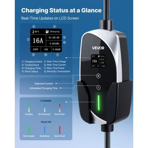VEVOR Mobile Wallbox, 3,6 kW, 16 A, Typ 2 Ladestation, 1-Phasig-Ladegerät mit 6 m Ladekabel, Schuko-Stecker (16 A), LCD-Display, IP66-Steuereinheit, Stromversorgung für Elektrofahrzeuge – Bild 3