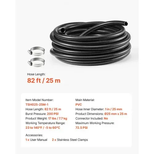 VEVOR Saugschlauch 1 Zoll x 25 m PVC Wasseransaugschlauch für Poolpumpen Bewässerung Wasserentnahme, 72,5 psi, ohne Vorinstallierte Anschlüsse, Wetterfest & Berstfest, inkl. Schlauchschellen – Bild 6
