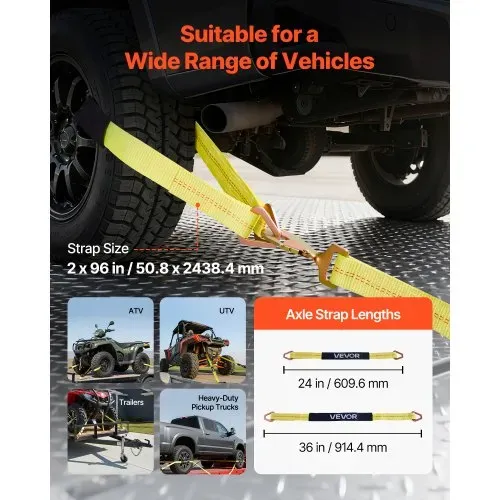 VEVOR Radspanngurt Befestigungsgurt (50,8 x 2438,4 mm) mit Federhaken & 4540 kg Zugfestigkeit & 1512 kg Tragfähigkeit, Motorrad-Spannsystem Radsicherungsgurt Reifengurt für SUVs Anhänger Gelb – Bild 3