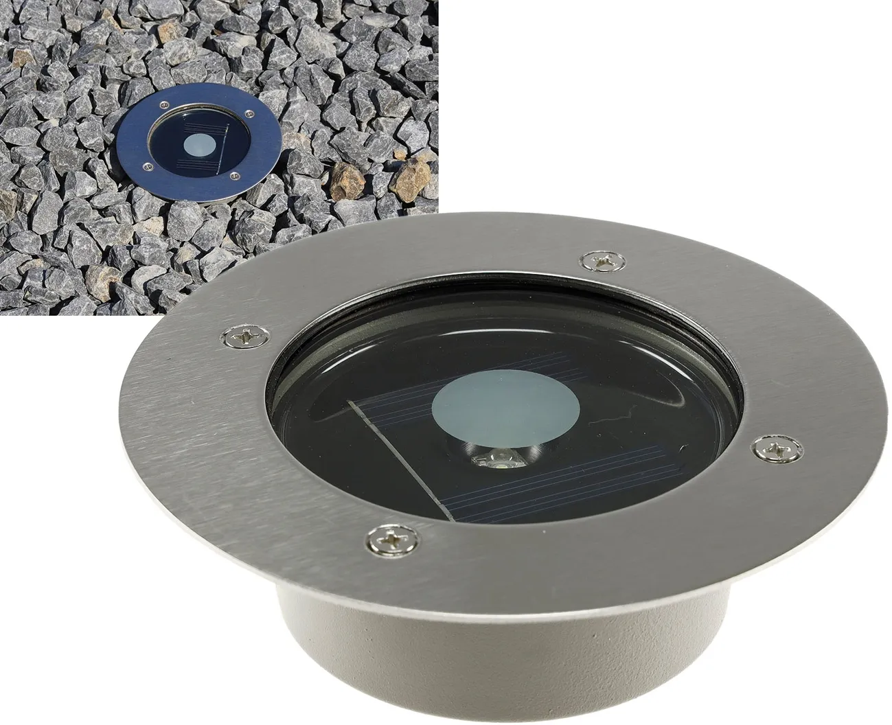 Solar LED Bodenstrahler „CTB-R“, rund ØxH 12x4cm, IP44, Edelstahl-Front Solar LED Bodenstrahler „CTB-R“, rund ØxH 12x4cm, IP44, Edelstahl-Front