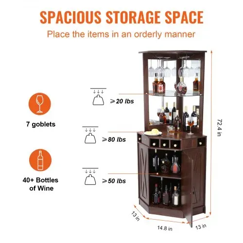 VEVOR Industrieller Eck-Barschrank, Weintisch für Spirituosen und Gläser, Sideboard-Buffetschrank mit Glashalter, Freistehender Kaffee-Barschrank aus Bauernholz für Wohnzimmer, Hausbar, Walnussholz – Bild 2