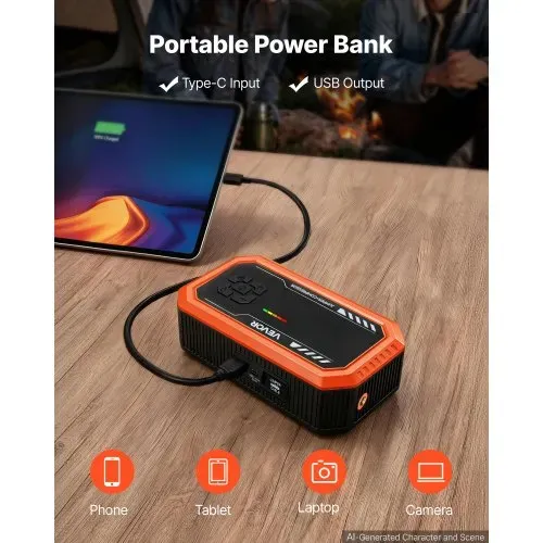 VEVOR Starthilfe Powerbank 3000 A Tragbares Starthilfegerät Starter Booster für 9 L Benzin und 6,5 L Dieselmotoren, 150 psi Reifendruck, LED-Taschenlampe, Automatische Abschaltung und 12 V Ladegerät – Bild 3