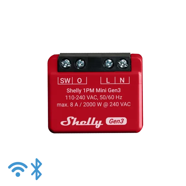 Shelly · Unterputz · „1PM Mini Gen. 3“ · Relais · max 8A · 1 Kanal · Messfunktion · WLAN · BT Shelly · Unterputz · „1PM Mini Gen. 3“ · Relais · max 8A · 1 Kanal · Messfunktion · WLAN · BT