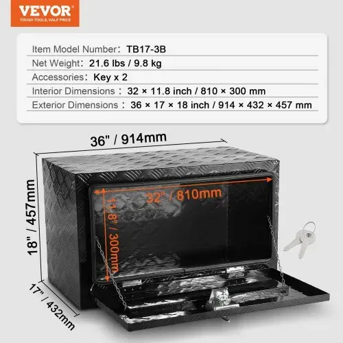 VEVOR Truckbox Werkzeugbox, Unterboden-Anhängerbox, Werkzeugkasten 914 x 432 x 457 mm Pickup-Aufbewahrungsbox, Aluminiumlegierung, 40 kg belastbarer Werkzeugkasten, abschließbare Aufbewahrungsbox – Bild 6