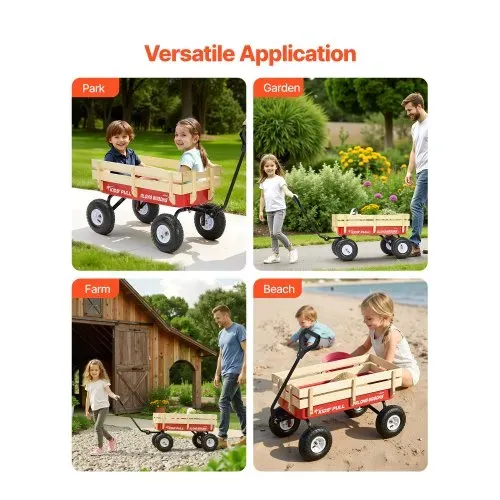 VEVOR Handwagen für Kinder, 102 cm Bollerwagen, Transportwagen mit Schiebestange, aus Holz & Metal, max. 150 kg tragbar, ideal für Kinder ab 5 Jahren, Garten, Ausflüge & Strand, Farbe Rot & Schwarz – Bild 5
