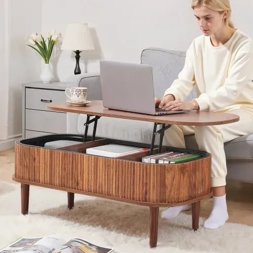 VEVOR Couchtisch Höhenverstellbar 1000x480x405-545 mm, Wohnzimmertisch mit Stauraum, Ausziehbarer Kaffeetisch im Mid-Century-Stil aus MDF, Hubtischplatte für Zuhause & Büro, Walnussfarbe – Bild 7