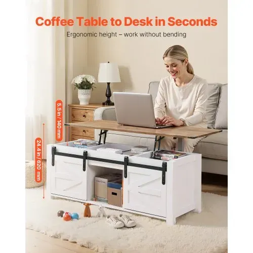 VEVOR Lift Top Couchtisch 120 cm, rustikaler Kaffeetisch mit Scheunentor & verstecktem Staufach, moderne rechteckige Hubtischplatte für Wohnzimmer Büro Zuhause, Wohnzimmertisch Sofatisch weiß – Bild 2