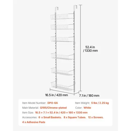 VEVOR Vorratsschrank Speisekammer-Organizer Aufbewahrung über der Tür, 6-stufige Gewürzregale zum Aufhängen aus Stahl, verstellbare Lagerregale für die Wand, für Zuhause Küche Badezimmer, weiß – Bild 6