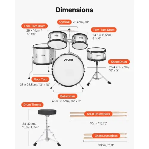 VEVOR Schlagzeug Set, 5-teilig, inkl. 40,6 cm Basstrommel, 25,4 cm Snare, 20,3 cm & 25,4 cm Tomtoms, 33 cm Standtom, 25,4 cm Crash-Becken & 20,3 cm Hi-Hat, für Kinder von 6–13 Jahren Silber – Bild 2