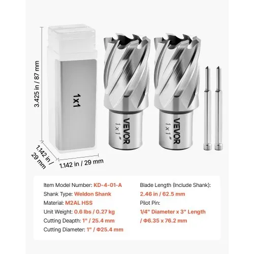 VEVOR HSS-Kernbohrer Weldon-Schaft 4-tlg. Magnetbohrer 25,4 mm Schnittdurchmesser, 2 Bohrer mit 2 Zentrierstiften, 25,4 mm Schnitttiefe, 2 Kunststoffboxen, für Magnetbohrmaschinen, Stahl, Aluminium – Bild 6