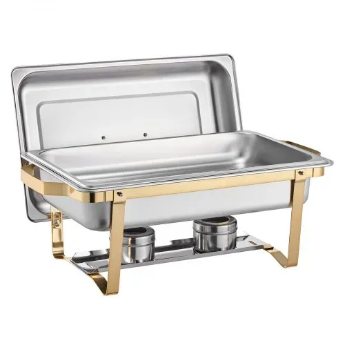 VEVOR Chafing Dish Set Speisenwärmer Edelstahl mit 2 Pfannen in voller Größe (7,5 L) & 4 halbgroßen Pfannen (4 L), rechteckiger Catering-Wärmespender mit Deckel & Wasserpfannenständer, Gold – Bild 10