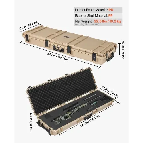 VEVOR Waffenkoffer mit Hartschale für Langwaffen, abschließbarer Gewehrkoffer mit vorgeschnittenen Schaumstoffen, Langwaffenkoffer Waffenaufbewahrung rollbar IP67 wasserfest, 139,1 x 43,5 x 18,8 cm Khaki – Bild 2